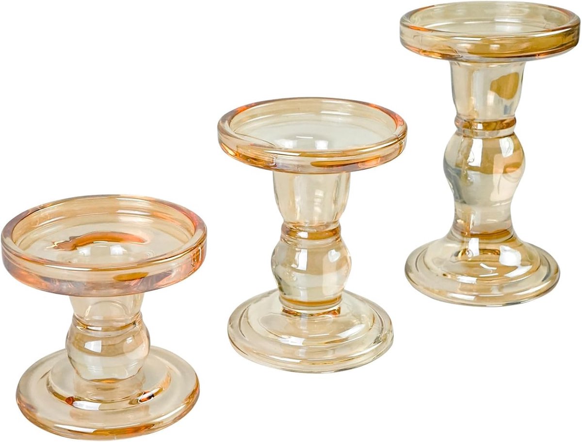 SnelShoppen - 3 Stuks Glazen Kaarsenhouders - Amber Kleur Geschikt voor Blunt Theelichten van 2.5-7.5cm - Perfect voor Bruiloften, Kerstfeesten en Taf