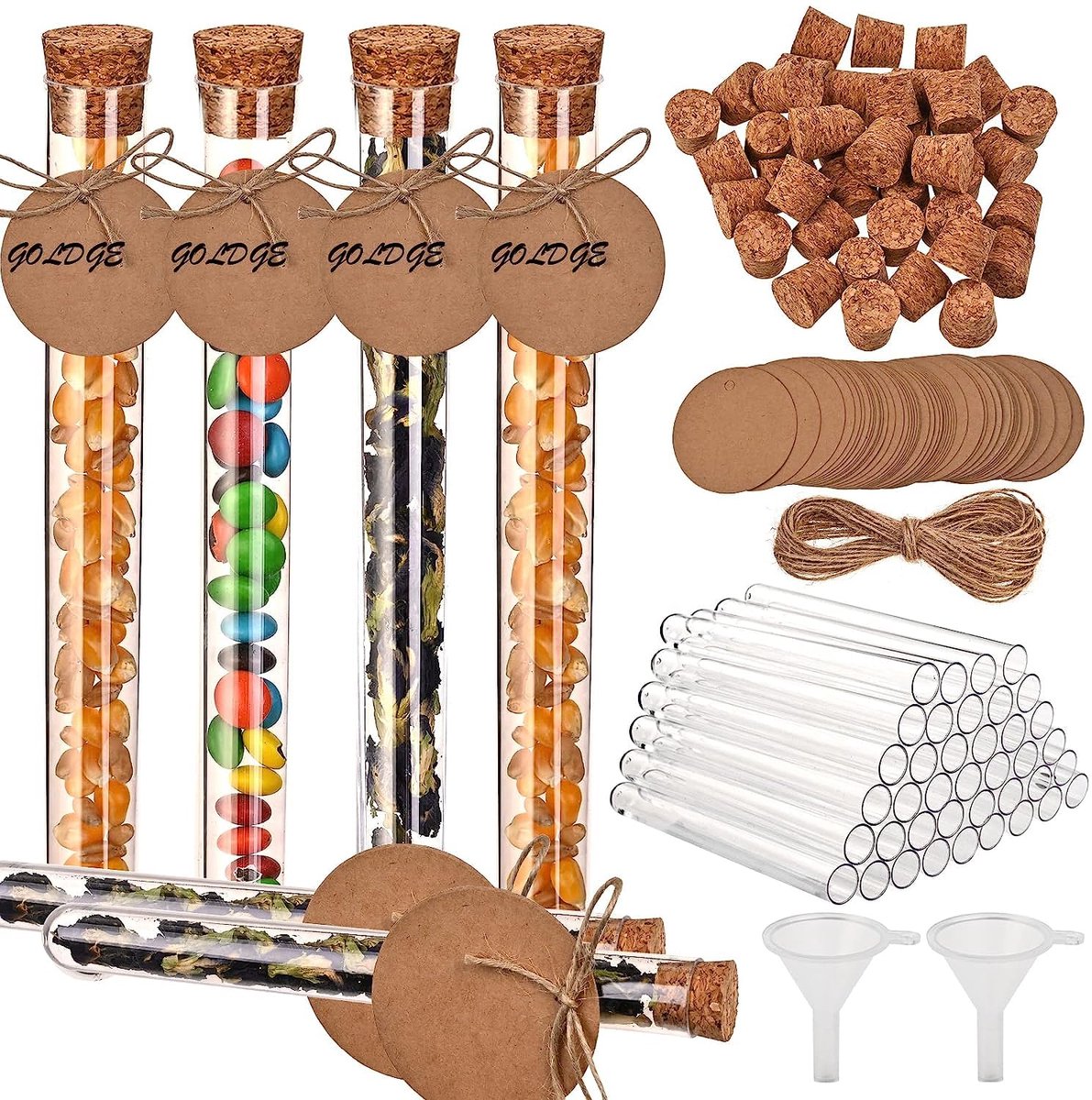 SnelShoppen - 40 Transparante Testbuizen Plastic met Kurk en Hangers - 150 x 16 mm - 20 ml - Inclusief Jute Touw en Trechter voor Feesten, Decoratie,