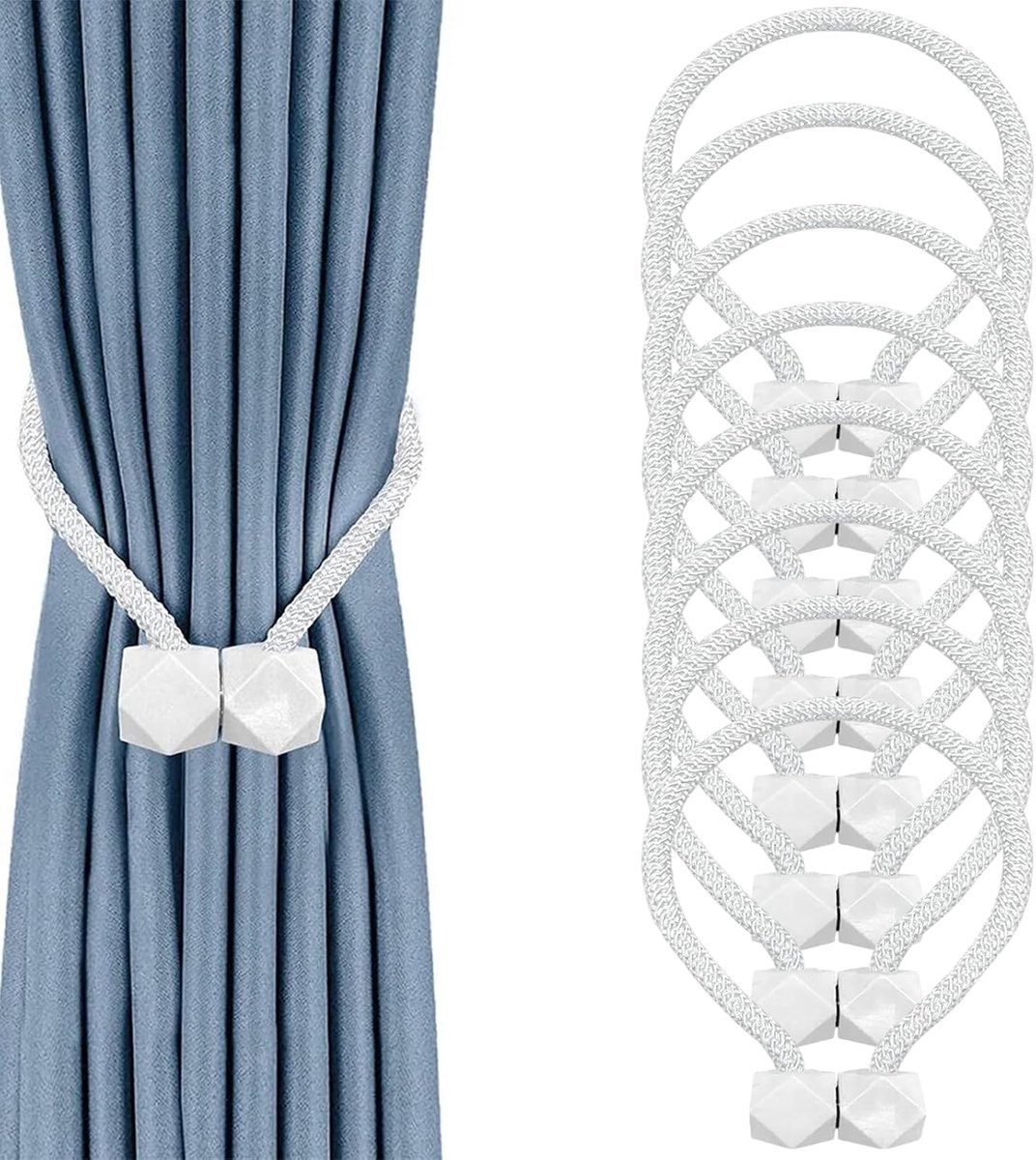 SnelShoppen - 8 Pcs Magnetische Gordijn Klemmen, Polygonale Gordijn Houder, Handgeweven Katoenen Tie Backs voor Huis, Kantoor, Hotel, Wit, Decoratie