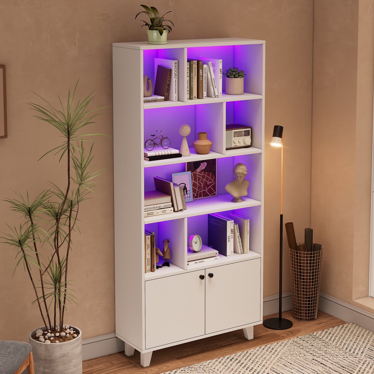 COVREO Boekenkast 80x30x173 cm – wit, MDF met houten poten, 2 deuren en LED-verlichting
