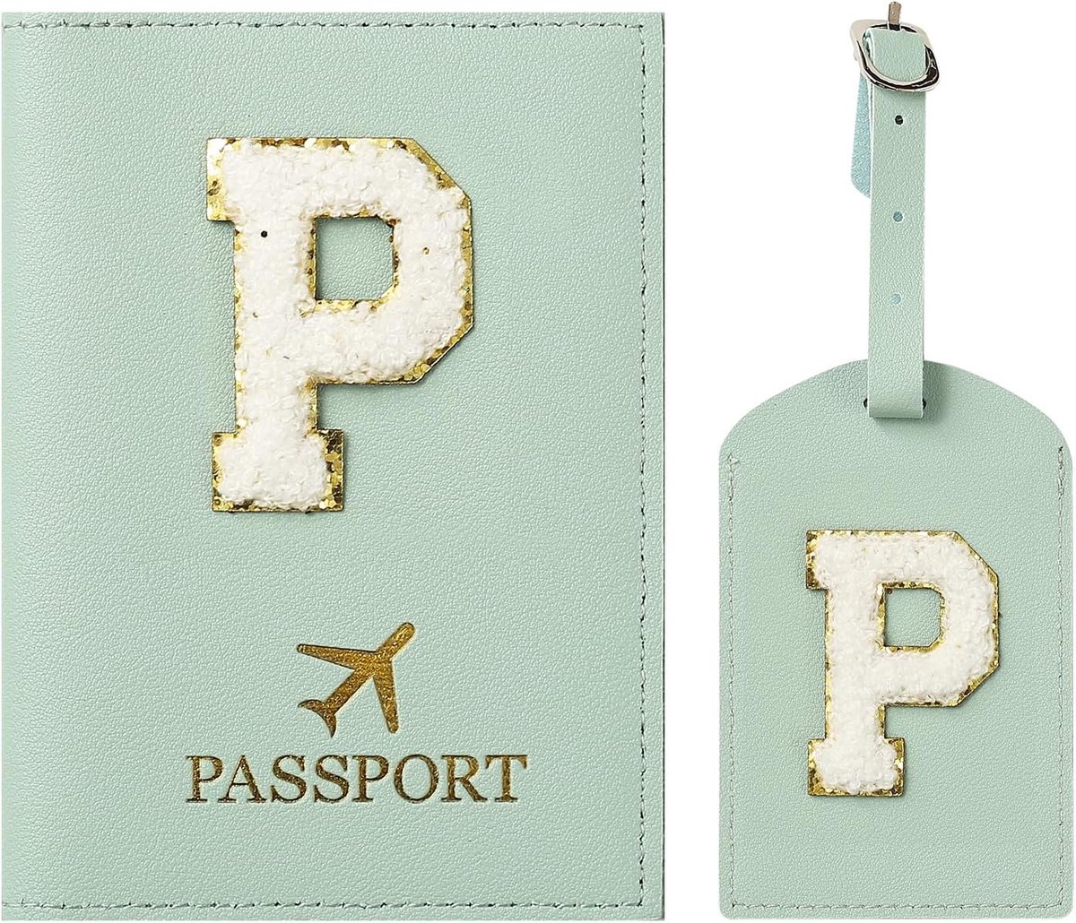 SnelShoppen - Groene Paspoorthouder en Kofferlabel Set, PU Leer, Gepersonaliseerd met Letter, Reisaccessoires, Perfecte Cadeaus voor Vrouwen en Mannen
