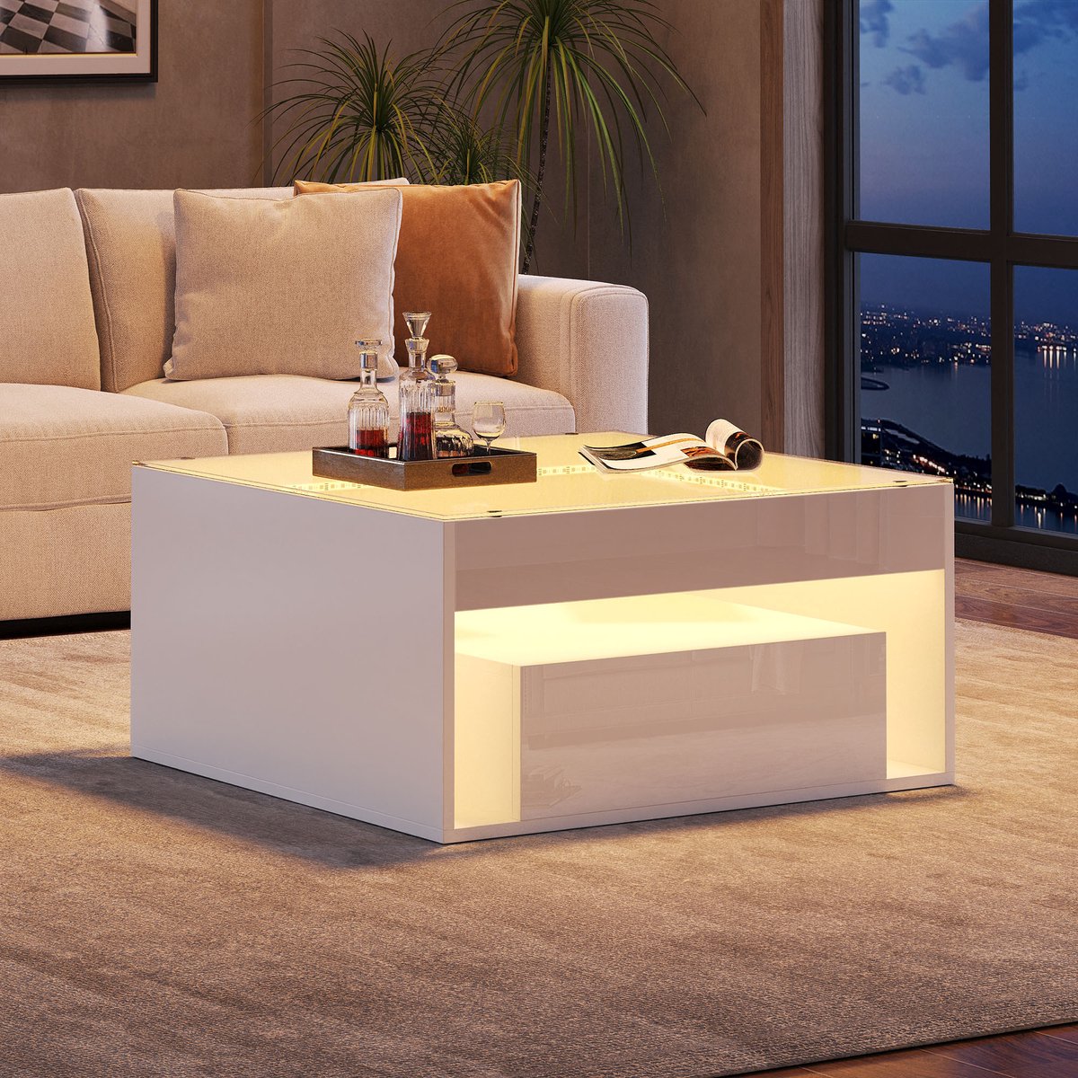 COVREO Salontafel 70 x 70 x 35 cm – wit, MDF en glas, 2 lades met LED-verlichting