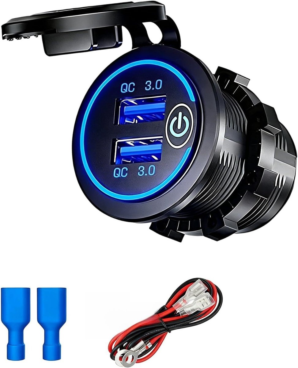 SnelShoppen - 12V USB Oplaadstation met Dubbele Poorten, Waterdicht Multi-Port Lader voor Motoren, Vrachtwagens, Boten en Auto's, Snelladen, 2 USB Poo