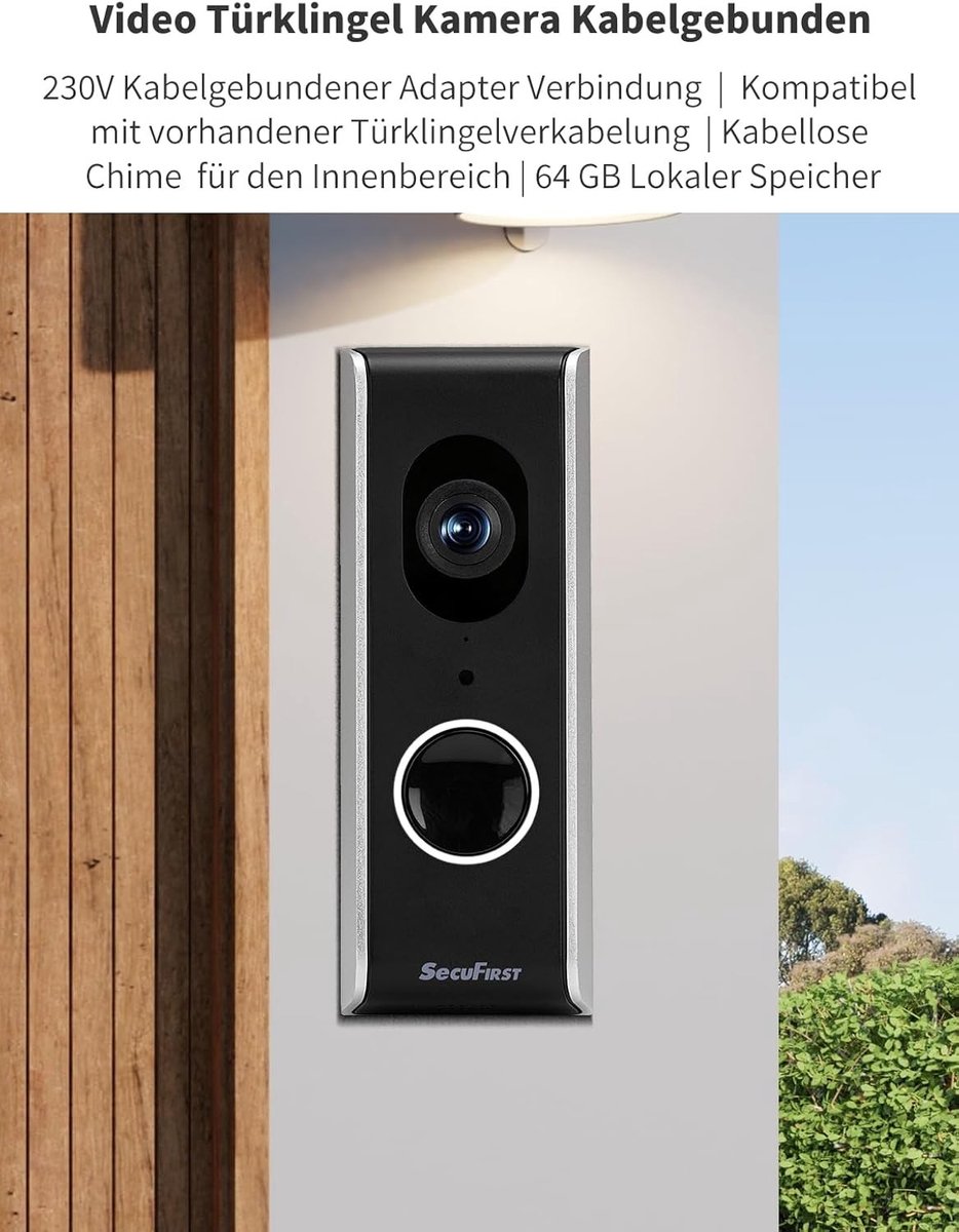Slimme Video Deurbel met Camera - Zwart & Zilver - Bedraad met Draadloze Gong - 64GB Opslag - Voor Buiten