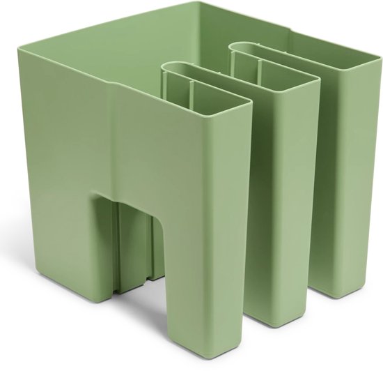 Olijfgroene plantenbak met drie vakken en een uitsparing voor bevestiging.