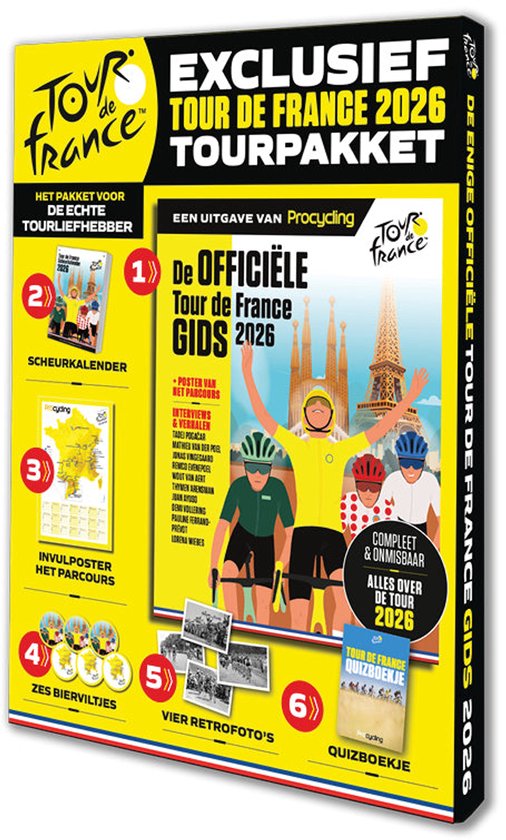 Het exclusieve Tour de France 2026 Tourpakket met gids, scheurkalender, invulposter en quizboekje.