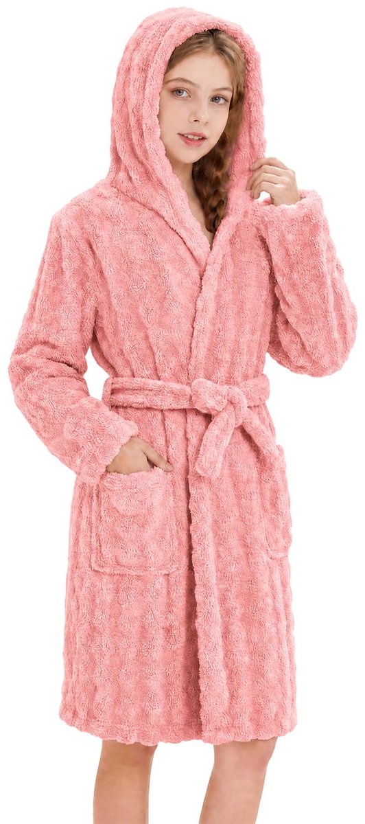 SnelShoppen - Kinderbadjas Fleece met Capuchon Roze/Koraal, 13-14 Jaar, Ideaal voor Thuis, Zwembad, Bad en Feestjes