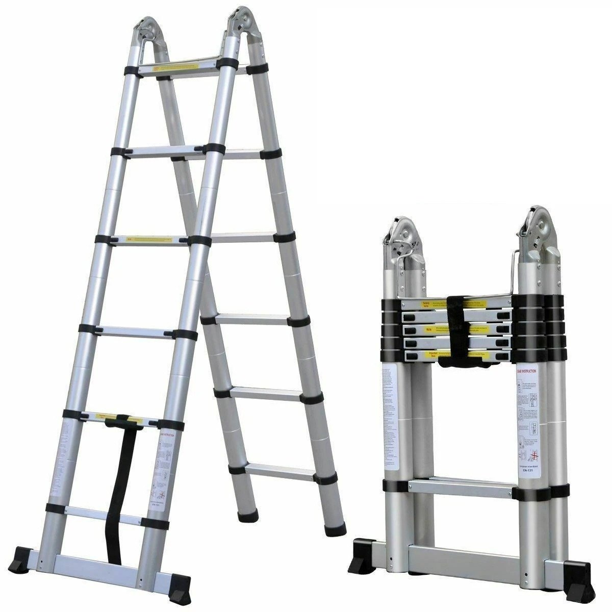 DailyDamaar ladder - Telescopische ladder - Trapladder - Vouwladder - Roestvrij staal - Opvouwbaar - A-frame - 3.8 m - Grijs