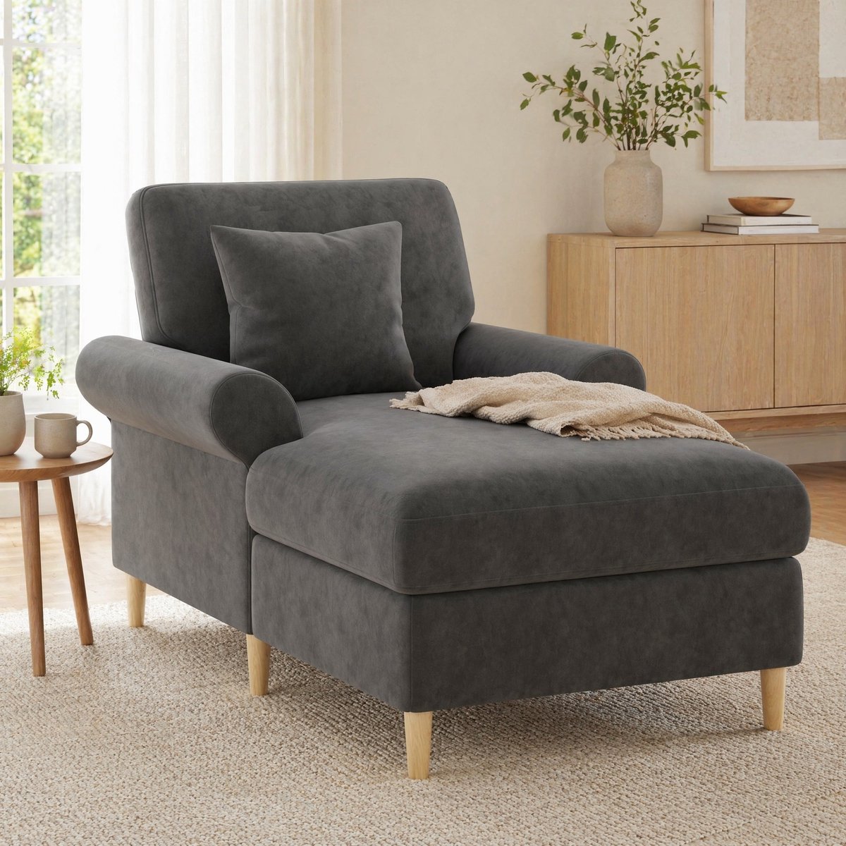 COVREO Relaxfauteuil 133x87x90 cm – grijs velvet, ligfunctie, 1-persoons met kussen
