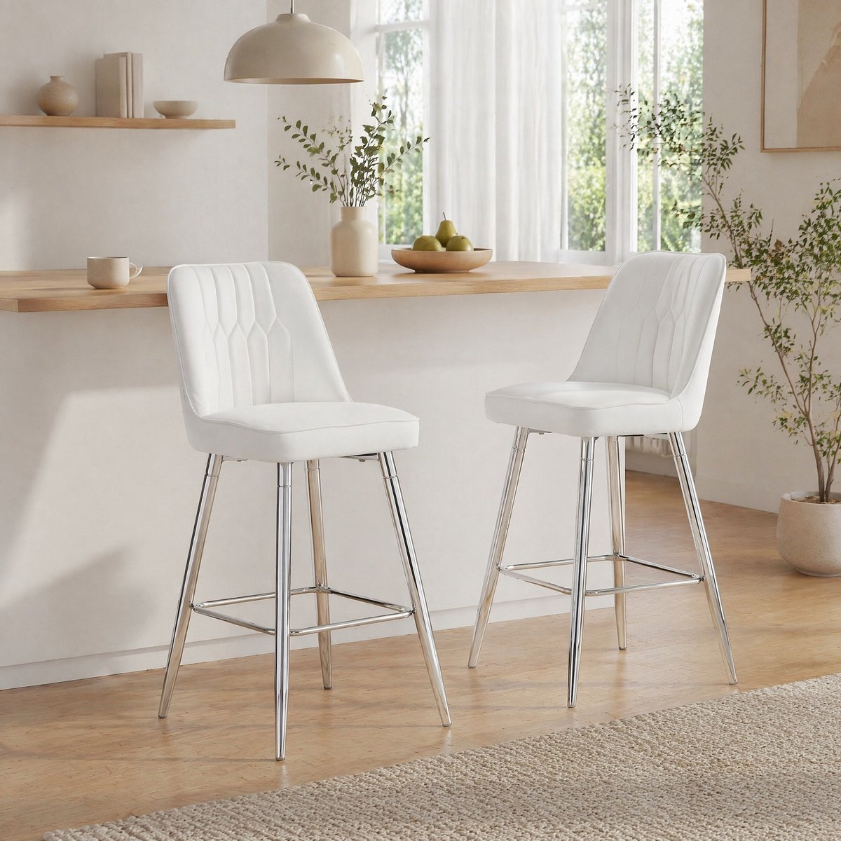 COVREO Barkruk set van 2 - 100 cm - wit PU-leer met zilverkleurig metalen frame en voetsteun