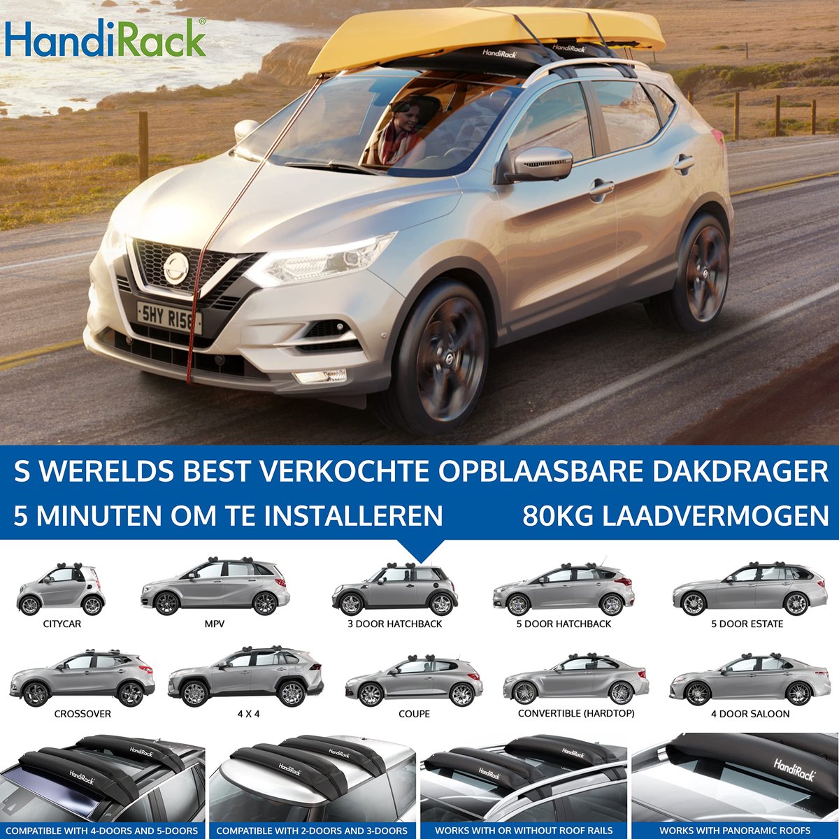 SnelShoppen - HandiRack Universeel Auto Dakrek - Quick Fit Zware Dakdragers voor Auto - Zwart - Ideaal voor Vakantie, Camping, Fietsen, en Buitensport thumbnail 2