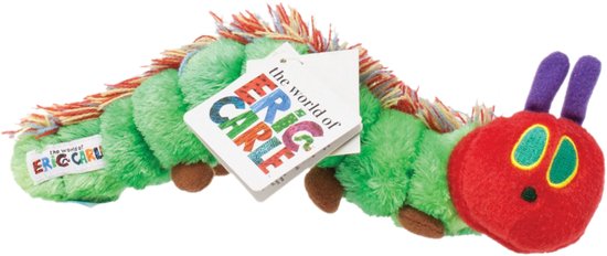 Pluche rupsje met rode kop, groene segmenten, bruine pootjes en veelkleurige stekels. Met "the world of ERIC CARLE" label.