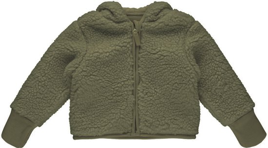 Groene teddy jas met ritssluiting en capuchon, van voren gezien.