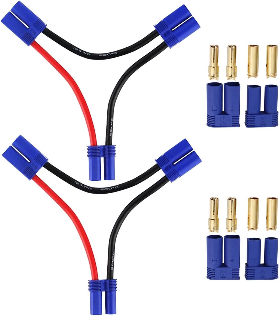 2 Stuks EC5 Seriële Batterij Jack, 1 Bus naar 2 Mannelijke Stekker Adapter met 10cm 12AWG Siliconen Kabel + 4 Stuks EC5 Mannelijke en Vrouwelijke Ronde Stekkers voor Modelbouw en Drone Accu's