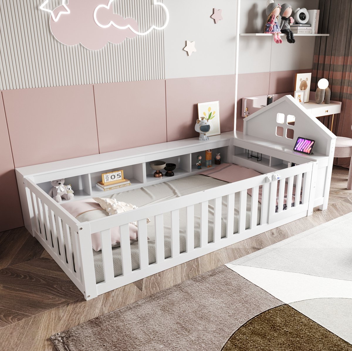 COVREO Kinderbed 222,6x112x87,5 cm - wit, met opbergruimte, veiligheidsgitters en lattenbodem