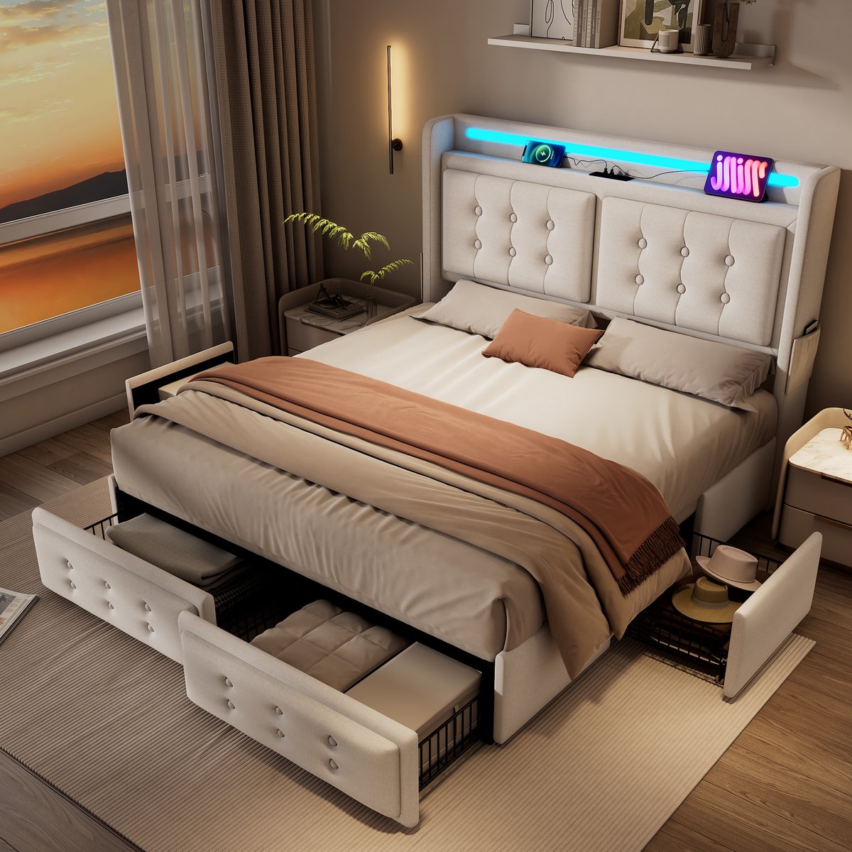 REDOM - Bed - LED-kopstuk met USB-C en USB-aansluitingen - Met lattenbodem en 4 opberglades - Stof, hout en metaal - Beige - 180 x 200 cm - 220 x 188 x 106 cm