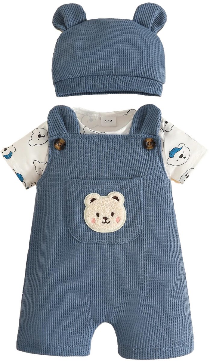SnelShoppen - 3-delige babykledingset voor jongens en meisjes, gestreepte top met korte mouwen, dierenprint overall broek en muts, blauw, 0-3 maanden,