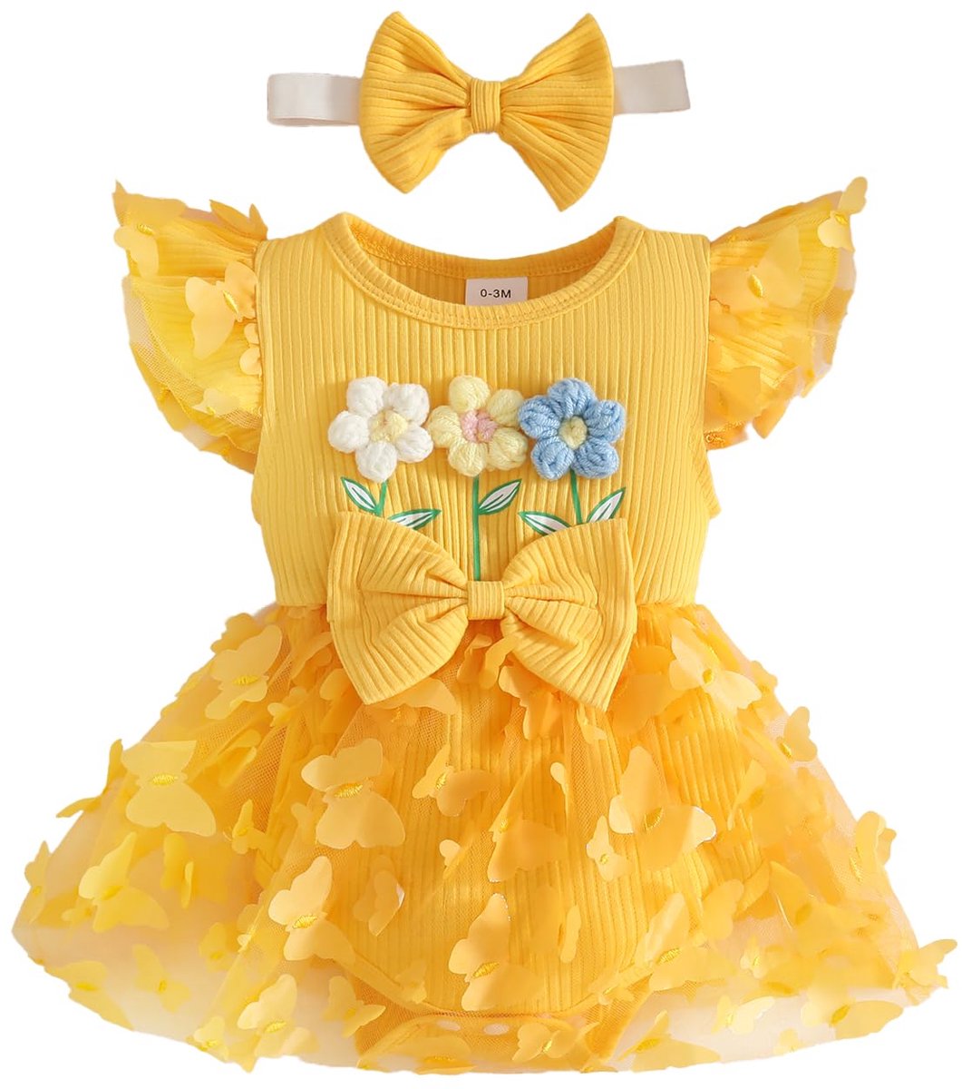 SnelShoppen - Babykleding T-shirts Korte Mouwen + Shorts met Bretels Zomerkleding met Hoofdband Gele Vlinder 0-3 Maanden voor Feest, Tuin, en Dagelijk