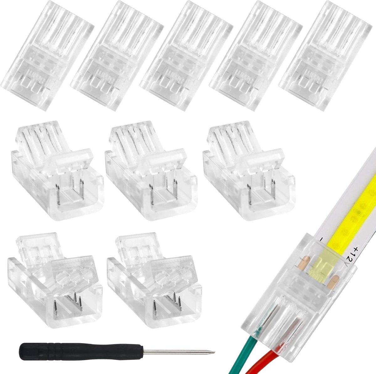 SnelShoppen - 10 stuks 2 pin 8mm COB LED connector voor het aansluiten van COB LED kabel en lichtstrip (inclusief schroevendraaier)