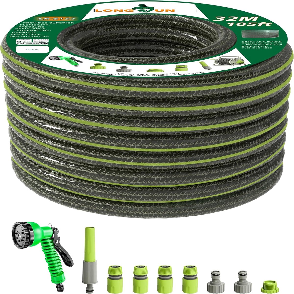 SnelShoppen - Tuinslang 32m Flexibel, Kinkvrije PVC Waterpijp met 7 Nozzles, Duurzaam en Lekvrij voor Tuin, Camping en Vijveronderhoud