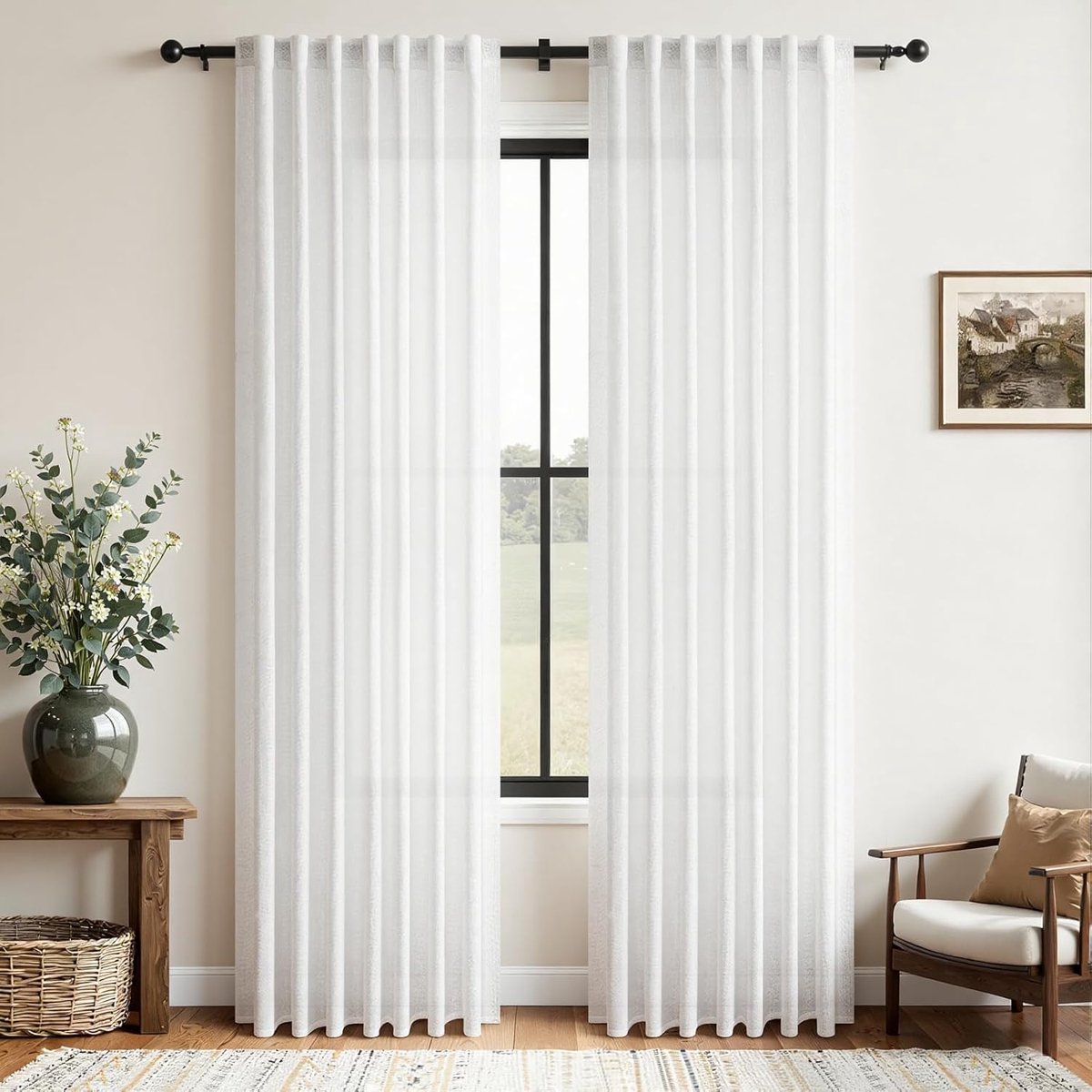 SnelShoppen - 2x Moderne Semi-Transparante Linnen Gordijnen 140x225 cm Wit voor Woonkamer, Slaapkamer, Keuken - Boho Stijl Decoratie