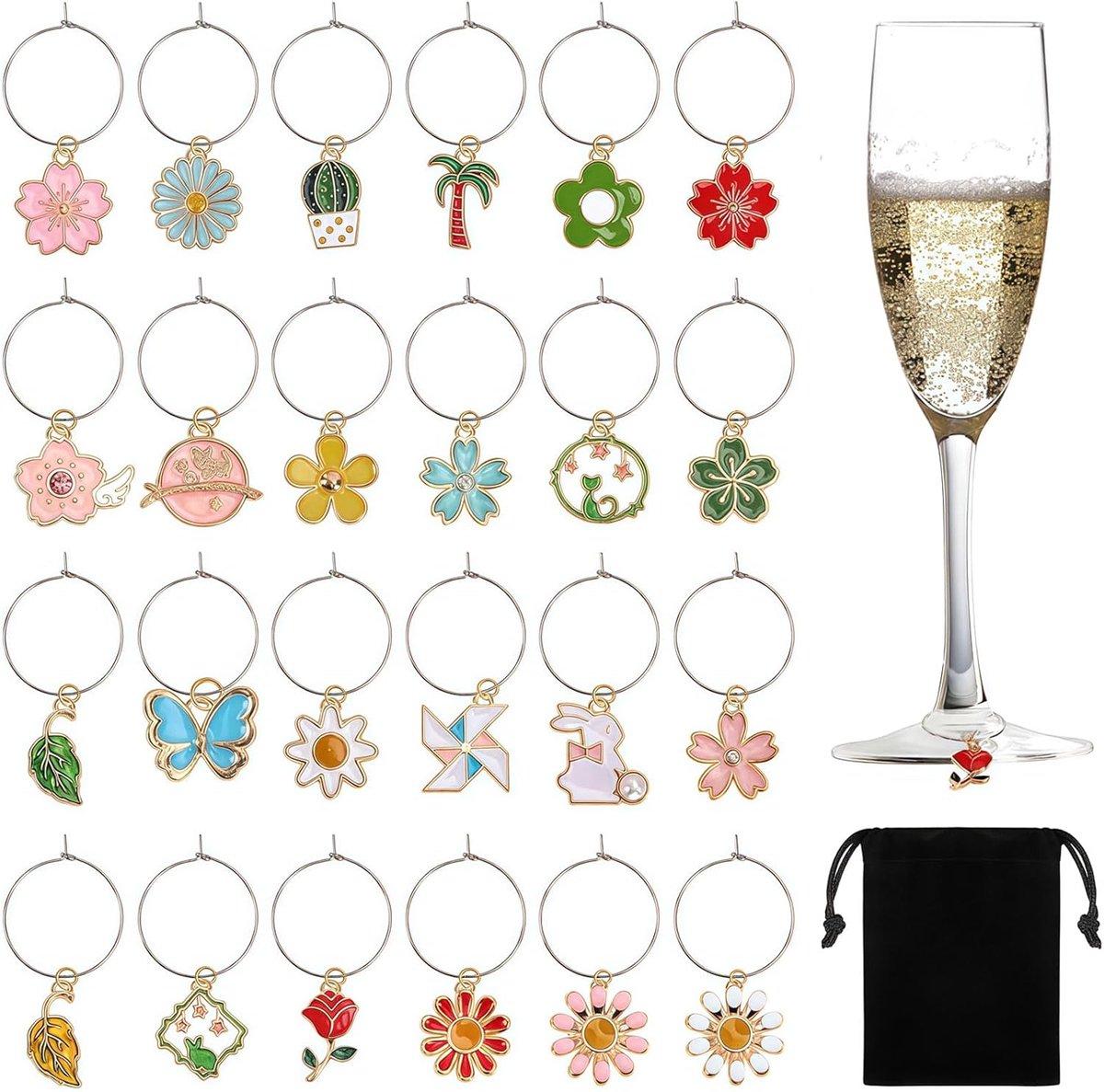SnelShoppen - 24 Stuks Glas Hangertjes voor Wijn Glazen - Luxe Decoratie voor Feesten, Wijnproeverijen en Bruiloften - Hoogwaardige Materialen, Inclus