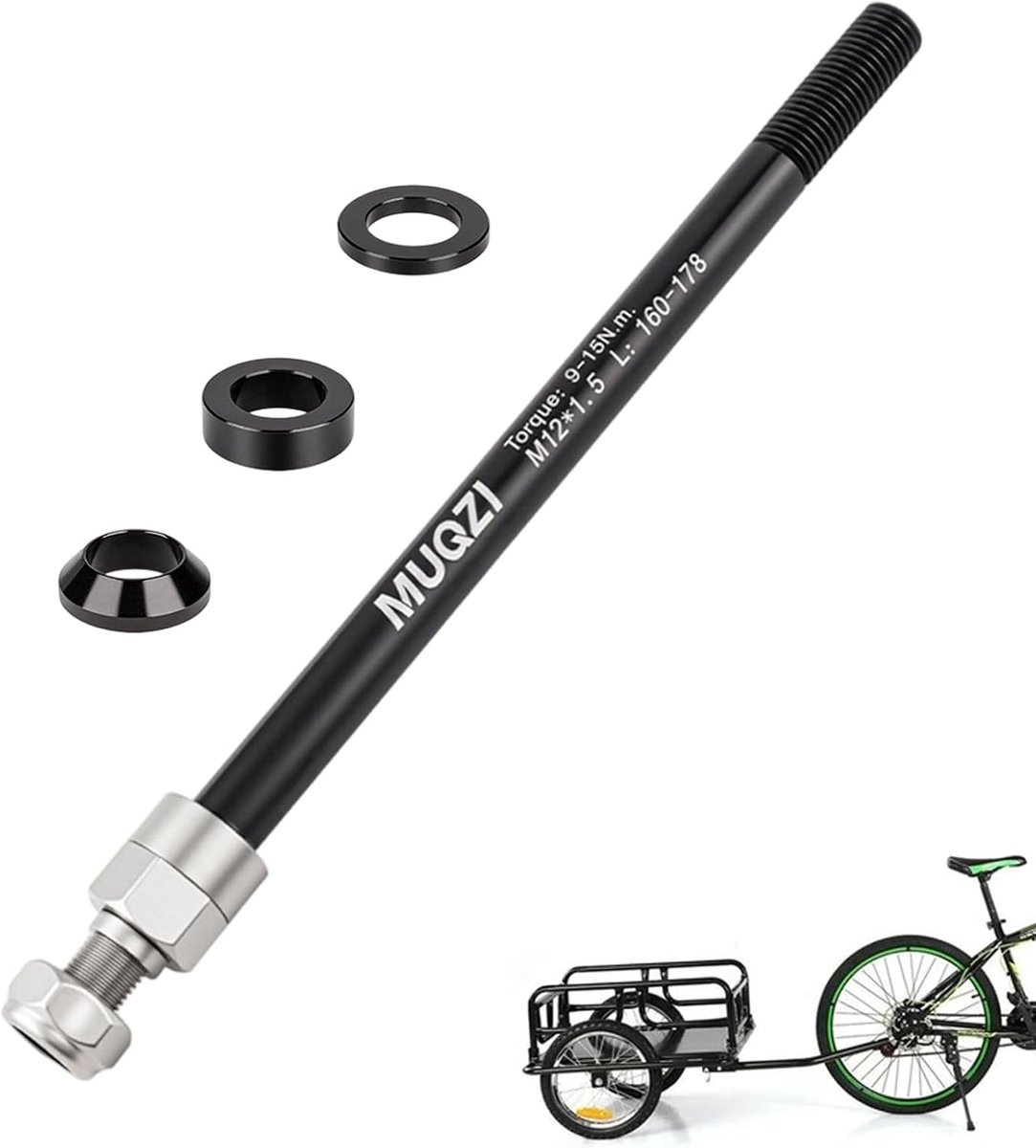 SnelShoppen - M12 x 1,5 Thru as voor fietskarren - Verstelbare lengte 160-178 mm - Compatibel met meeste fietskarren - Inclusief 3 afstandhouders