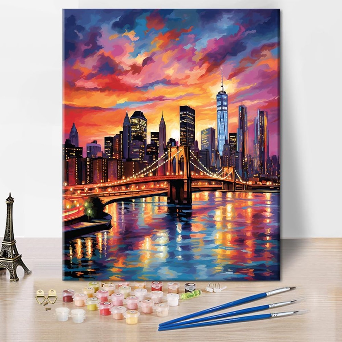 SnelShoppen - Painting by Numbers Kit Volwassenen Stadsscape Brooklyn Bridge Bij Zonsopgang - DIY Schilderen met Aquarel en Verfset met Penseel - Crea