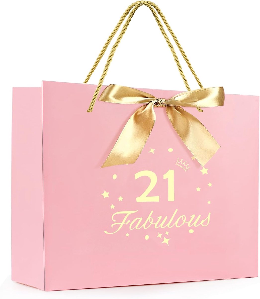 SnelShoppen - Roze 21e Verjaardag Cadeauzak met Budget Handvatten en Gouden Lint voor Vrouwen - Feestelijke Verpakking voor 21e Verjaardagscadeaus en