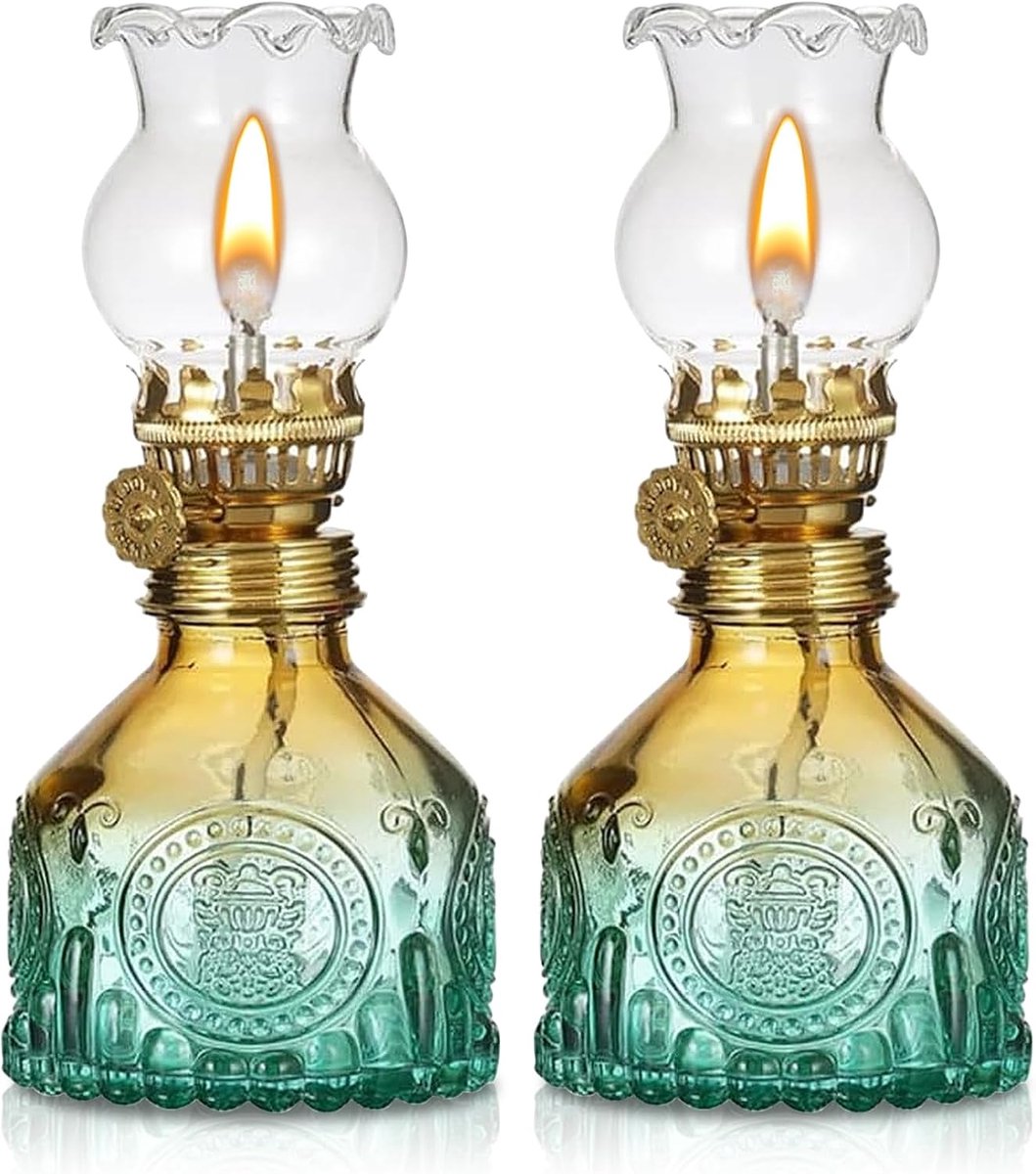 SnelShoppen - Set van 2 Kerosine Olielampen - Verstelbare Helderheid - Hittebestendig Glas & Metaal - Voor Woonkamer, Tuin, Eten, Feesten - 8x8x17 cm