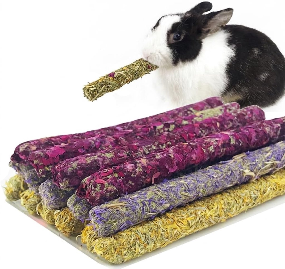 Knabbelartikelen voor konijnen en kleine dieren, geperst timothy-hooi met bloemen, 150 g, ideaal voor tanden en gezondheid van cavia's, hamsters en chinchilla's