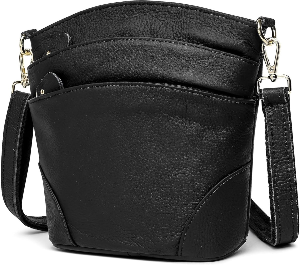 Kleine schoudertas voor dames van echt leer met meerdere vakken en verstelbare riem, ideaal voor dagelijks gebruik en reizen, zwart