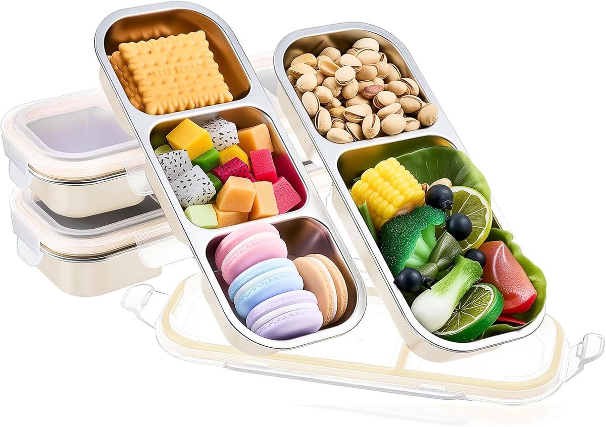 VHV - Vershoudbakjes - RVS lunchbox - Snackdoosjes - 600ml - Lunchbox kind - Set van 2 - Met 3 vakken + Met 2 vakken - Lekvrij - Roestvrij staal - Voor school, werk en reizen - Zilver