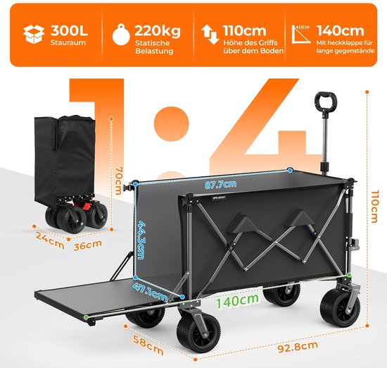Emvae Bolderkar - Opvouwbare Bolderkar - Bolderwagen - 200L + 100L - Met Achterklep en Grote Terreinwielen - Voor Strand Tuin Boodschappen - Zwart — afbeelding 3