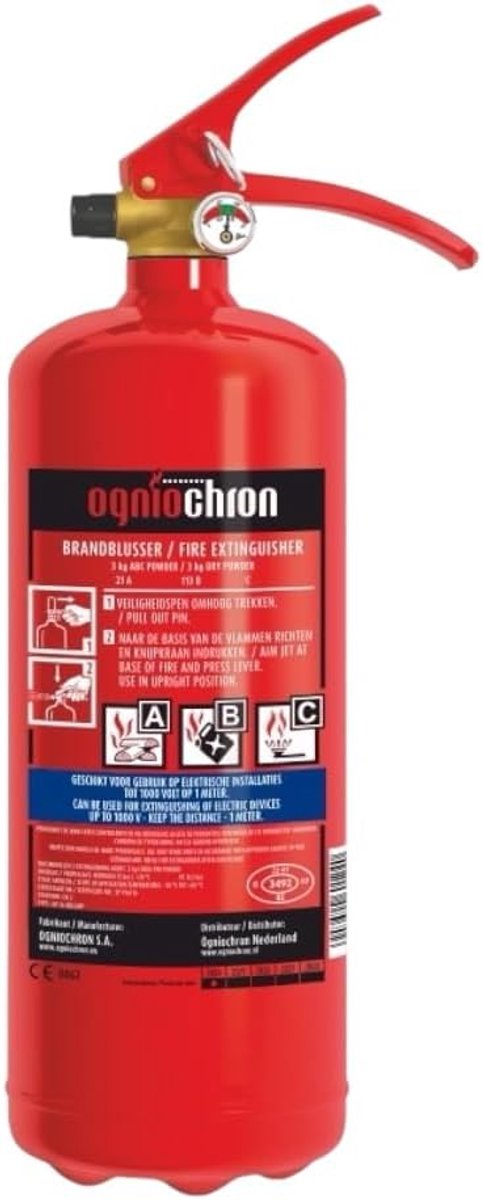 SnelShoppen - Ogniochron ABC Poederblusser 3 Kilo - Frostbestendig, CE-gekeurd, Brandveiligheid voor Keuken, Camping, Tuin en Feesten - Blusklasse 21A