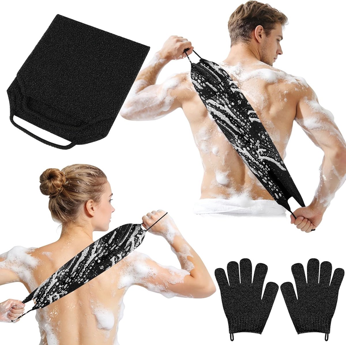 SnelShoppen - Peeling Glove Back Rubber Set - Scrub Glove + Bamboo Fiber Scrubber Sponge - Douchehandschoenen voor Lichaam - Verwijder Dode Huid - Zwa