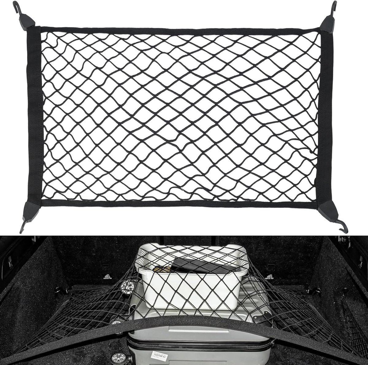 SnelShoppen - Luggage Net Car Trunk Organizer - Elastische Koffer Net met 4 Haken - Duurzaam Nylon - 60x40cm - Ideaal voor Auto, Kampeerauto, Reis, Bo