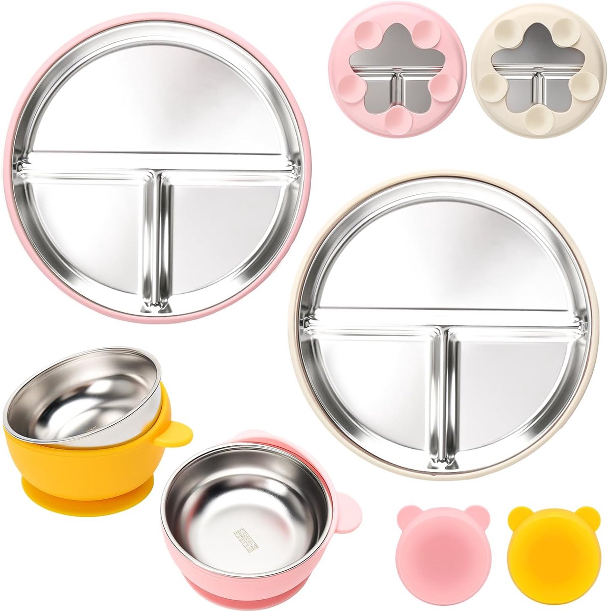 SnelShoppen - Set van 4 RVS Baby Borden en Kommen - 100% Silicone Zuigplaat Basis - Schokbestendig en BPA Vrij - Ideaal voor Peuters en Baby's - Uiter