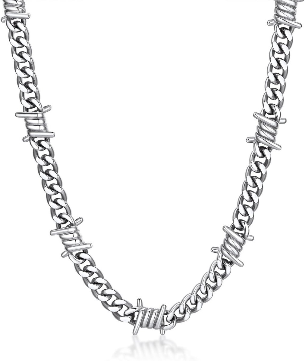 Cuban Chain Barbed Wire Choker voor Mannen en Vrouwen - Roestvrij Stalen Gothic Ketting met Doorns, Punk Sieraad en Cadeauverpakking