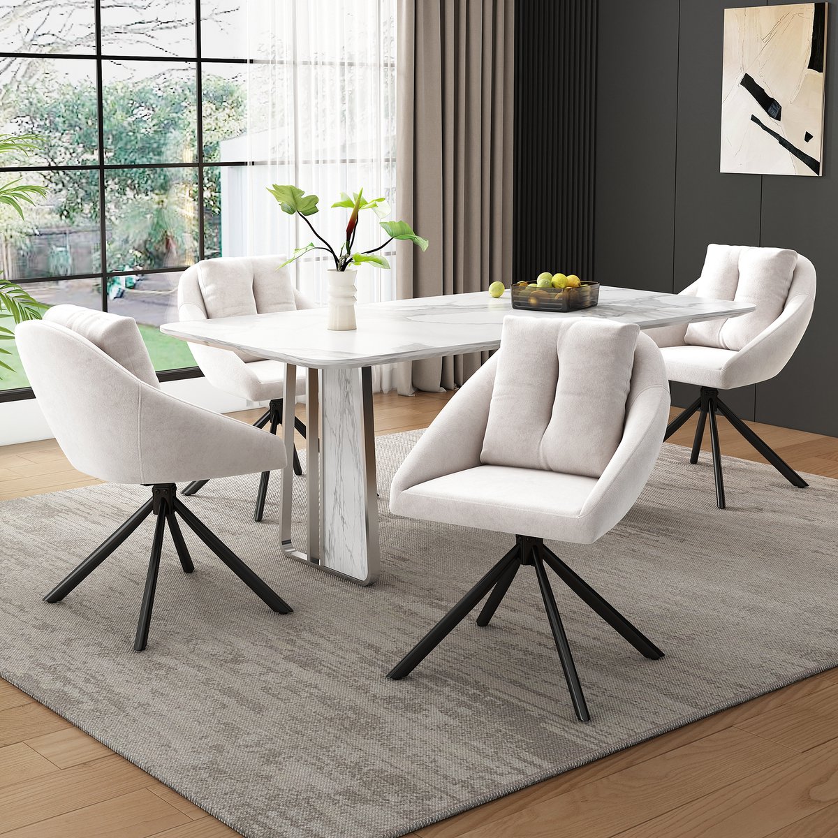 Intebiki 360° draaibare eetkamerstoelen - set van 4 - fauteuil voor de woonkamer - holle rugleuning en dik zitkussen - keukenstoelen - Fluwelen - ergonomische stoel - geschikt voor slaapkamers en woonkamers - beige