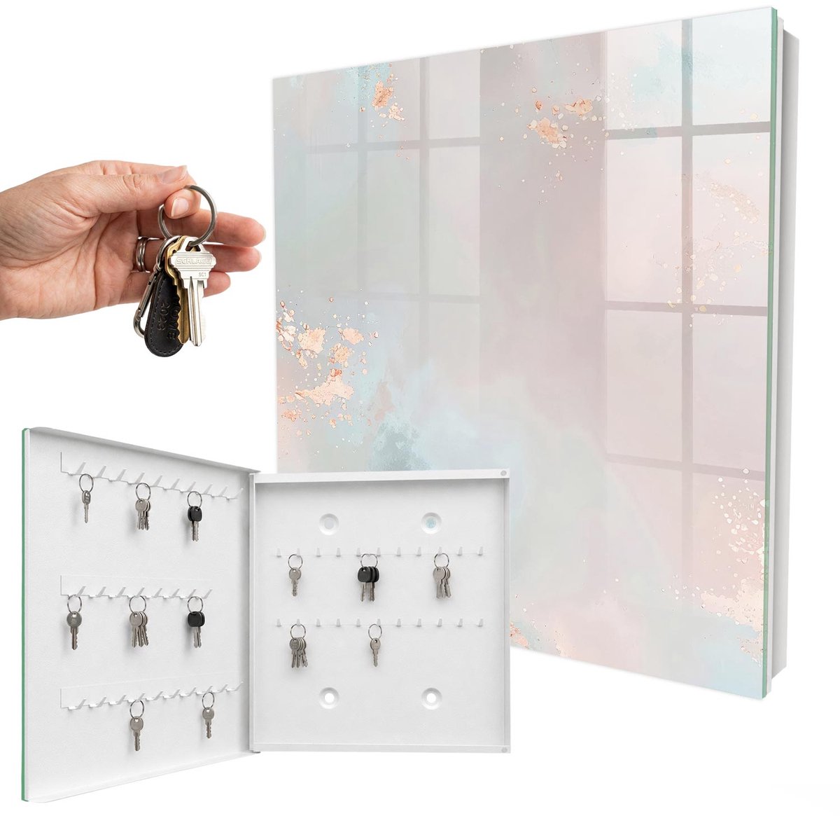 WallMuralia - Sleutelkast - 30x30x5 cm - met 50 haken - Pastel Abstractie Sleutelkastje Binnen - Beige Sleutelbox - Linksopenend - Wit interieur