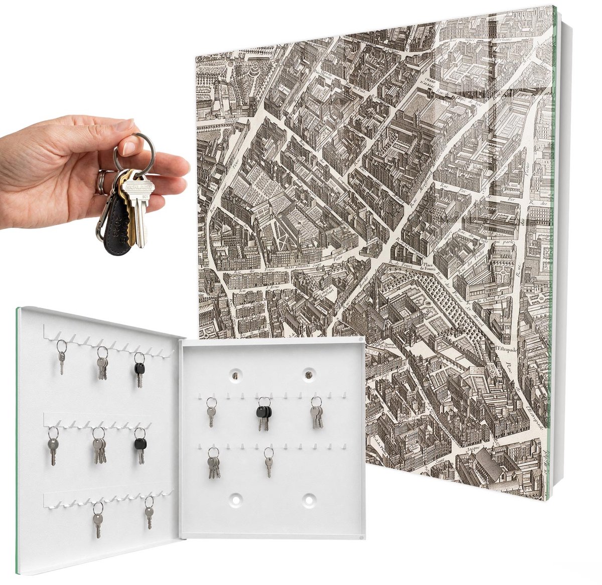 WallMuralia - Sleutelkast - 30x30x5 cm - met 50 haken - Stadsplattegrond Sleutelkastje Landelijk - Beige Sleutelbox - Linksopenend - Wit interieur