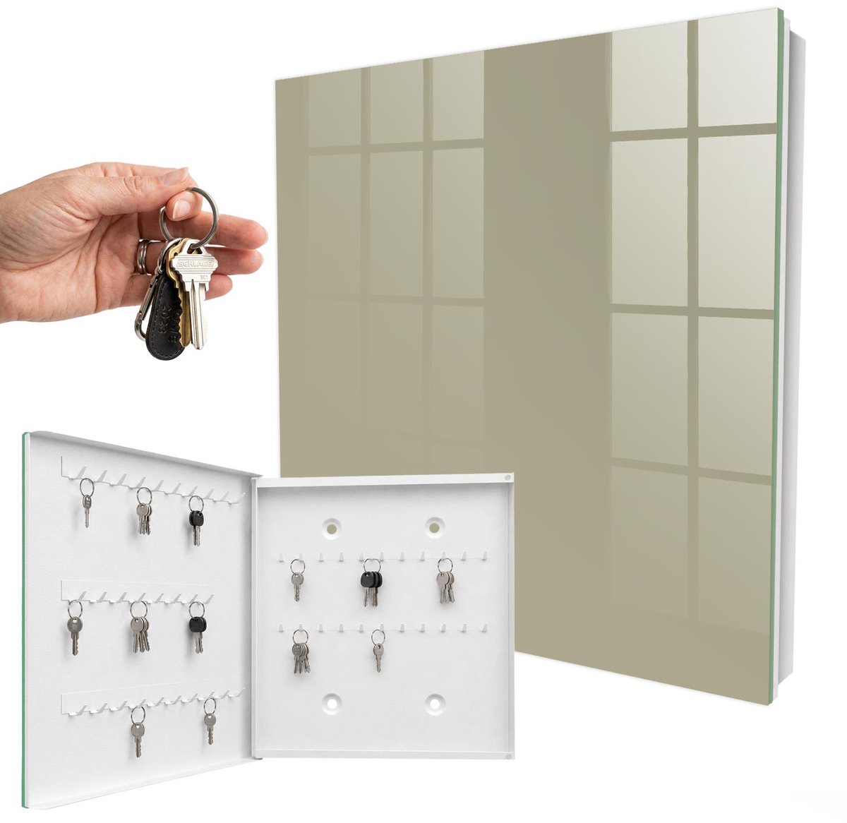 WallMuralia - Sleutelkast - 30x30x5 cm - met 50 haken - Donkere Crème Sleutelkastje - Romig Sleutelbox - Linksopenend - Wit interieur