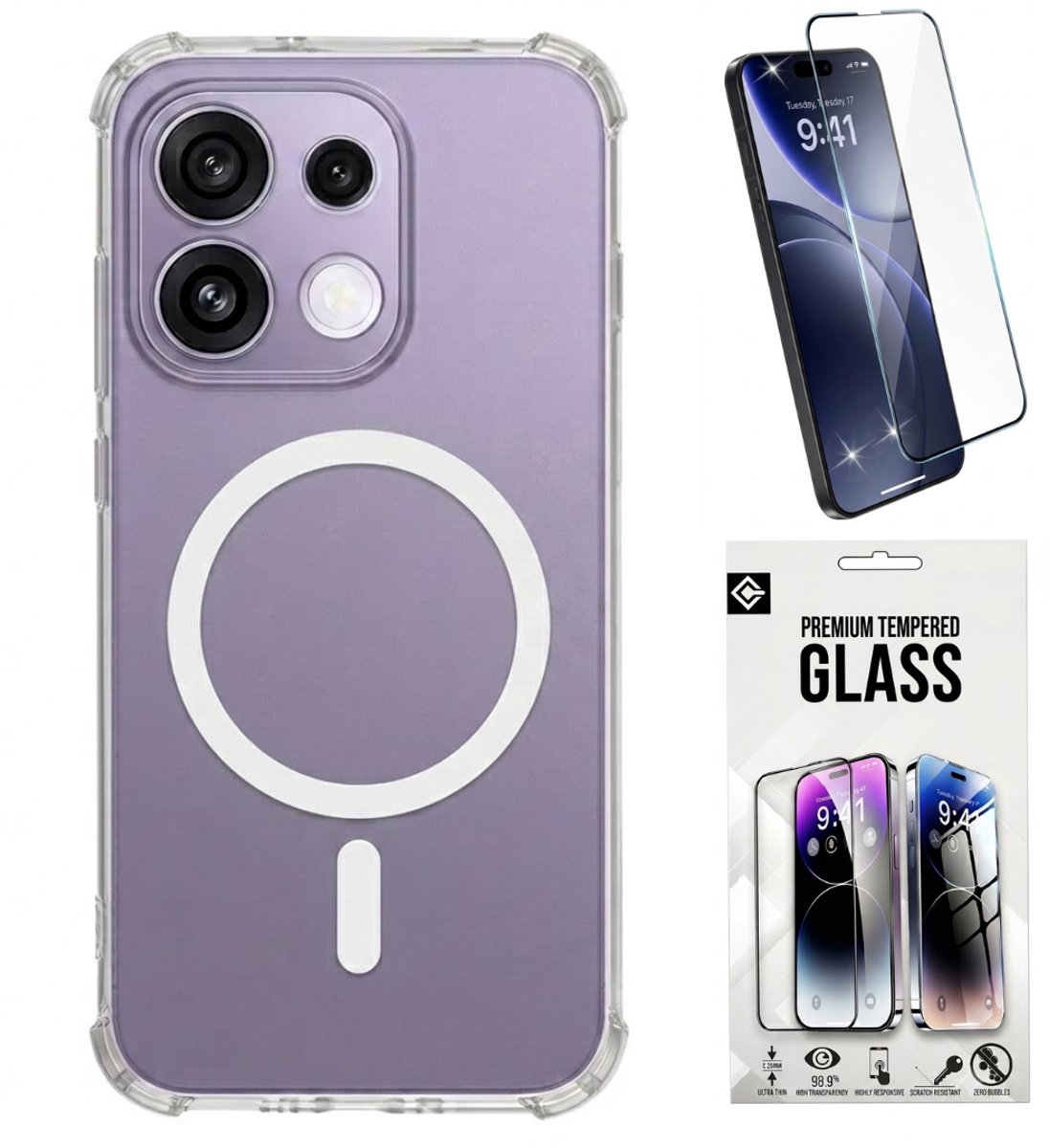 Casemania Hoesje en Glas Geschikt voor Oppo Reno16 Pro 5G - Transparant - Anti-Shock Back Cover - Geschikt voor MagSafe - Extra Stevig Val en Stootbescherming Magnetische Telefoonhoesje + 1x Tempered Glazen Screenprotector