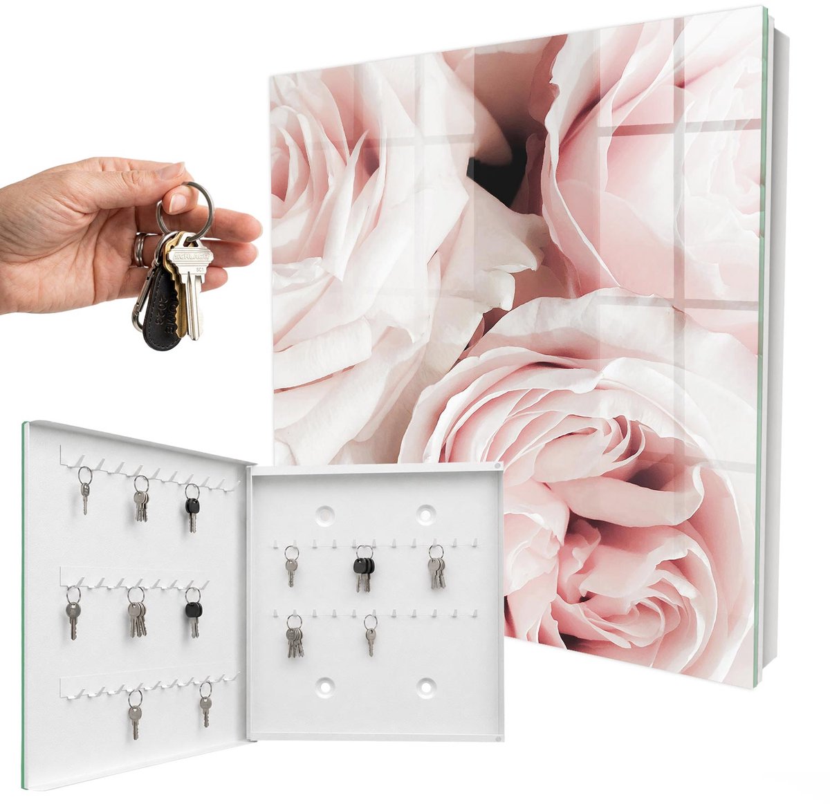 WallMuralia - Sleutelkast - 30x30x5 cm - met 50 haken - Pastel Rozen Groot Sleutelkastje - Roze Sleutelbox - Linksopenend - Wit interieur