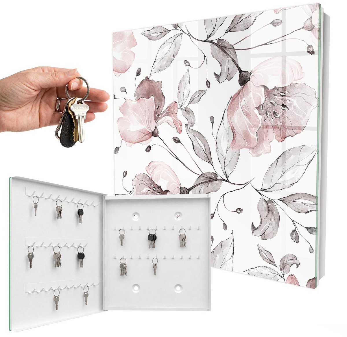 WallMuralia - Sleutelkast - 30x30x5 cm - met 50 haken - Romantisch Patroon Leuk Sleutelkastje - Grijs Sleutelbox - Linksopenend - Wit interieur