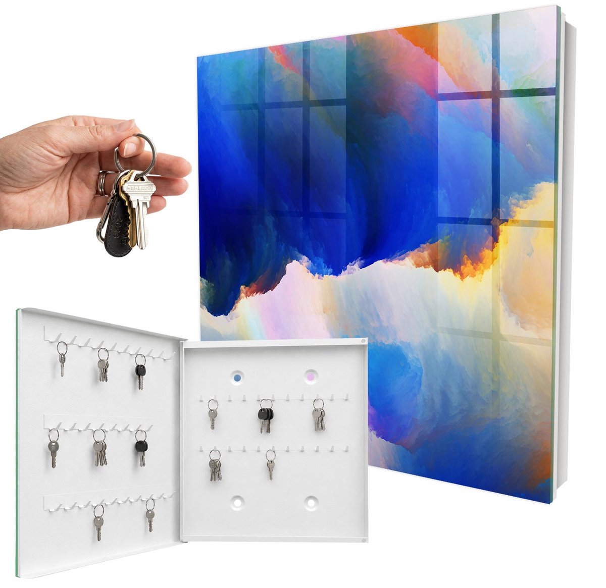 WallMuralia - Sleutelkast - 30x30x5 cm - met 50 haken - Kleurenexplosie Sleutelkastje Industrieel - Blauw Sleutelbox - Linksopenend - Wit interieur