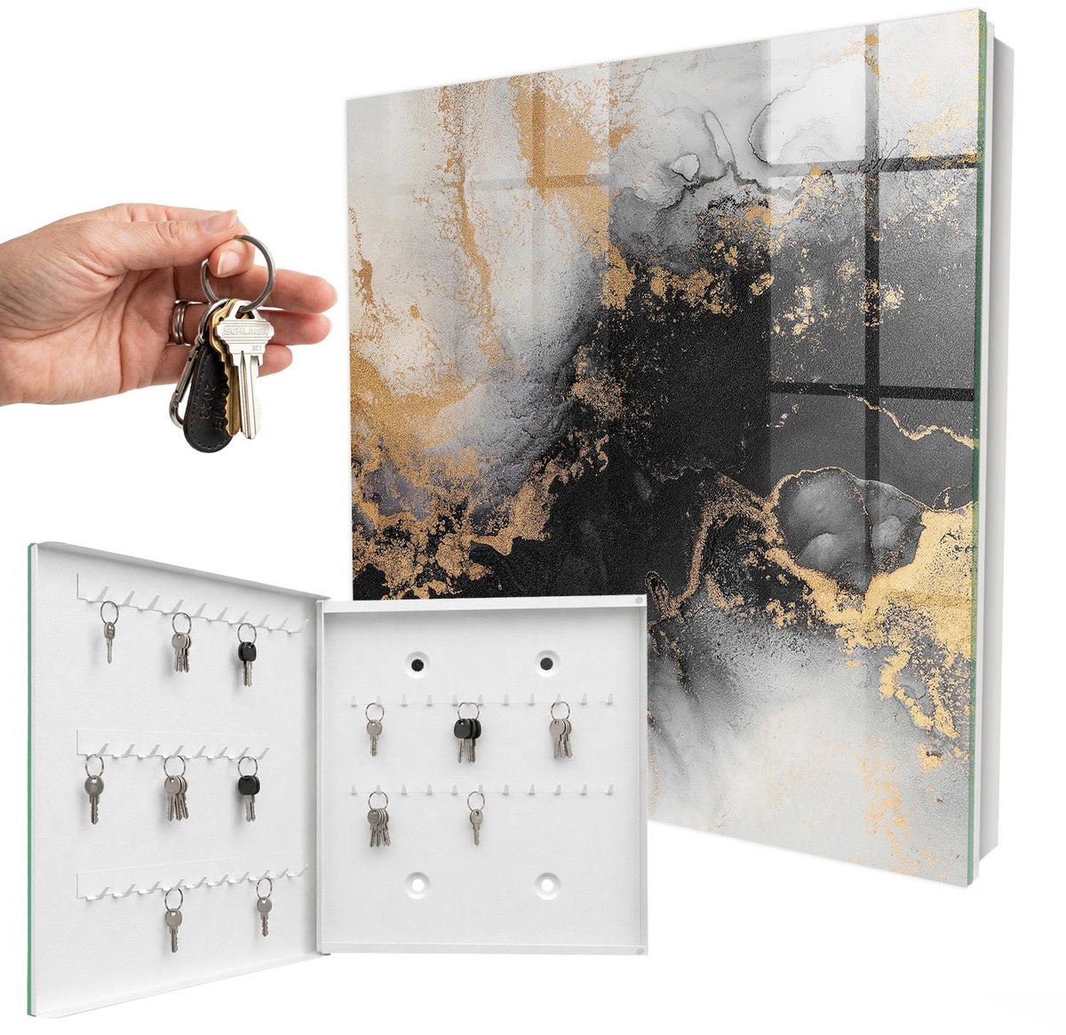 WallMuralia - Sleutelkast - 30x30x5 cm - met 50 haken - Zwarte Elegantie Design Sleutelkastje - Zwart Sleutelbox - Linksopenend - Wit interieur