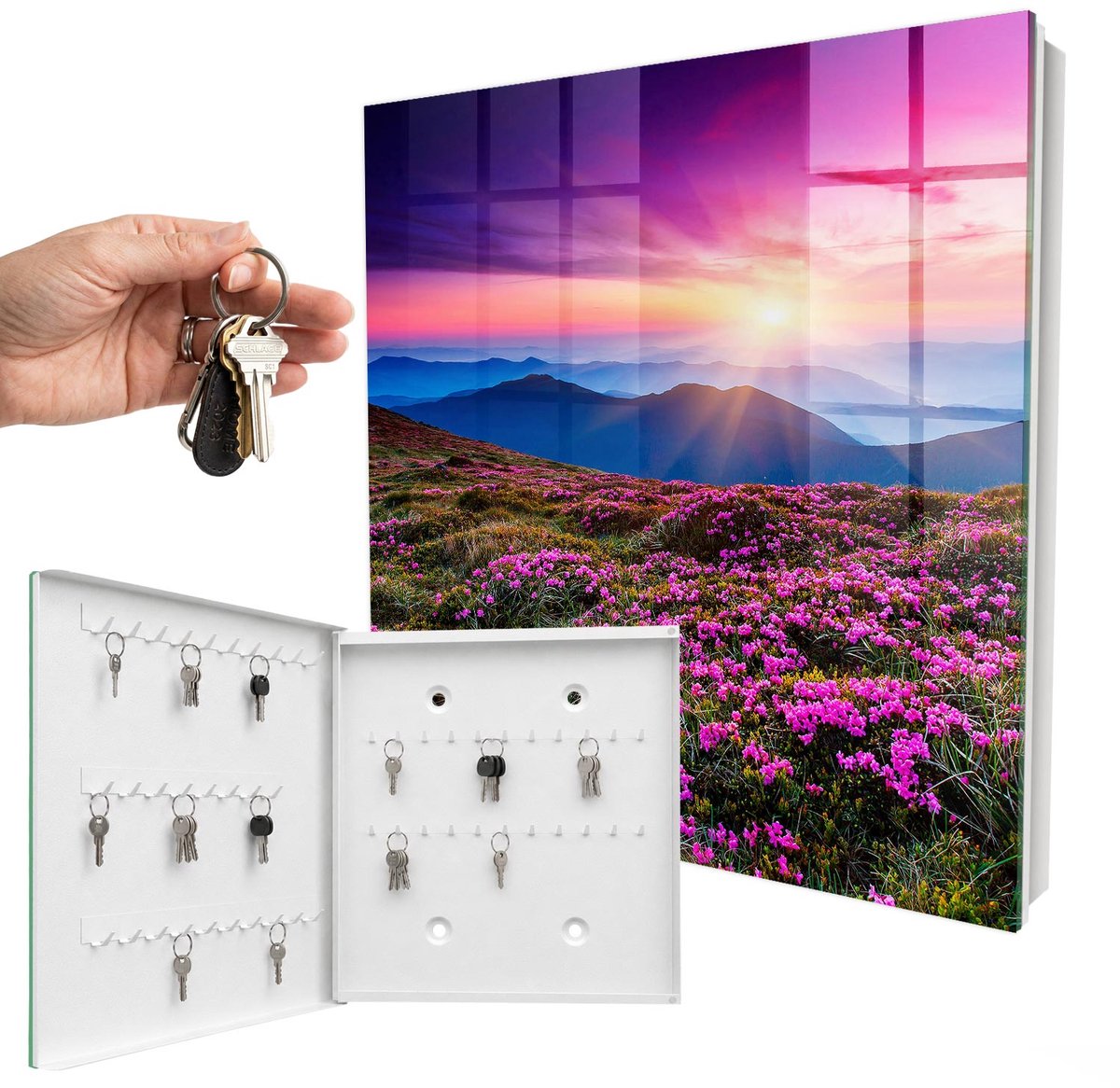 WallMuralia - Sleutelkast - 30x30x5 cm - met 50 haken - Bergochtend Sleutelkastje Landelijk - Roze Sleutelbox - Linksopenend - Wit interieur