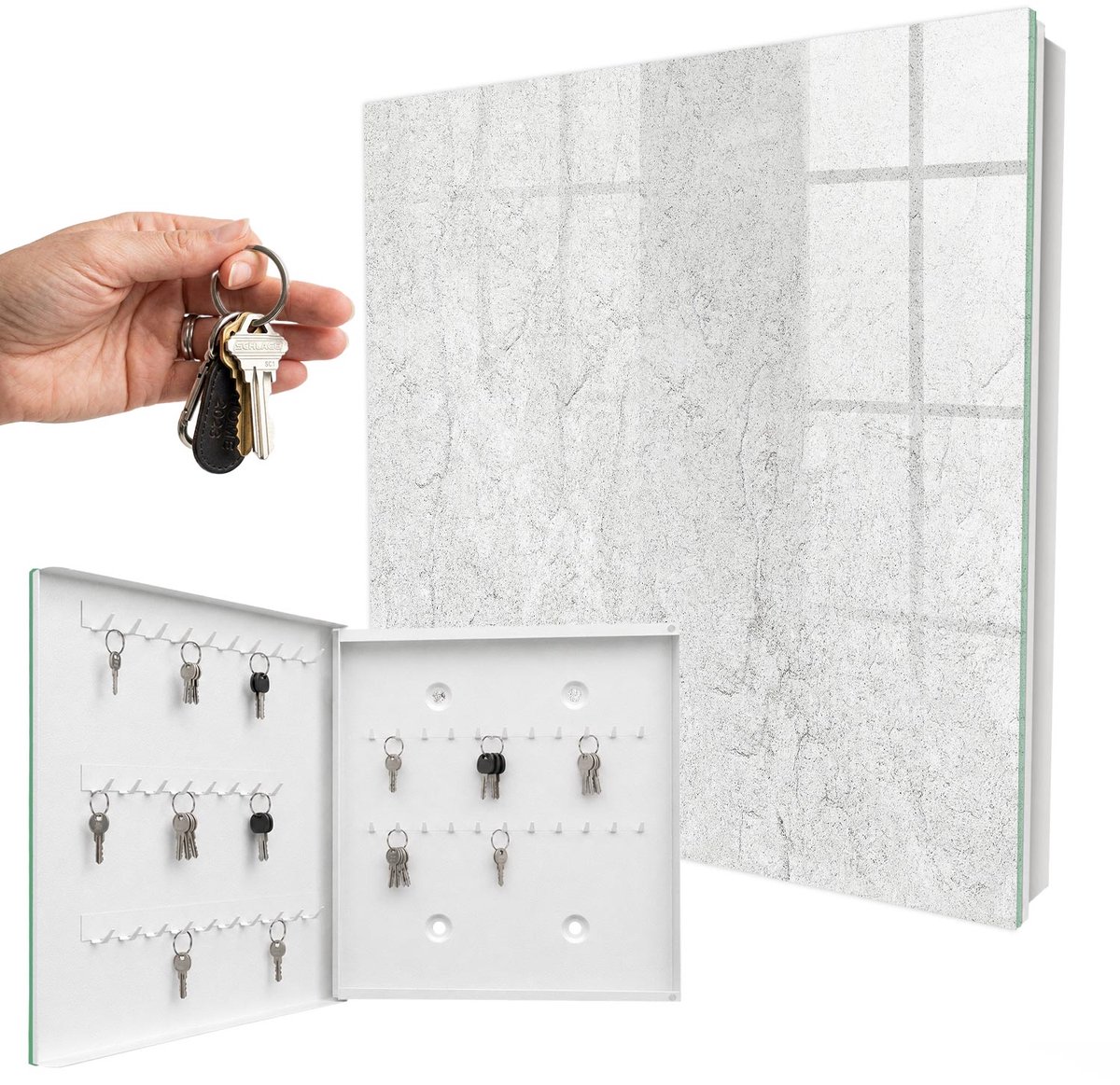 WallMuralia - Sleutelkast - 30x30x5 cm - met 50 haken - Kwetsbare Steen Sleutelkastje Landelijk - Wit Sleutelbox - Linksopenend - Wit interieur